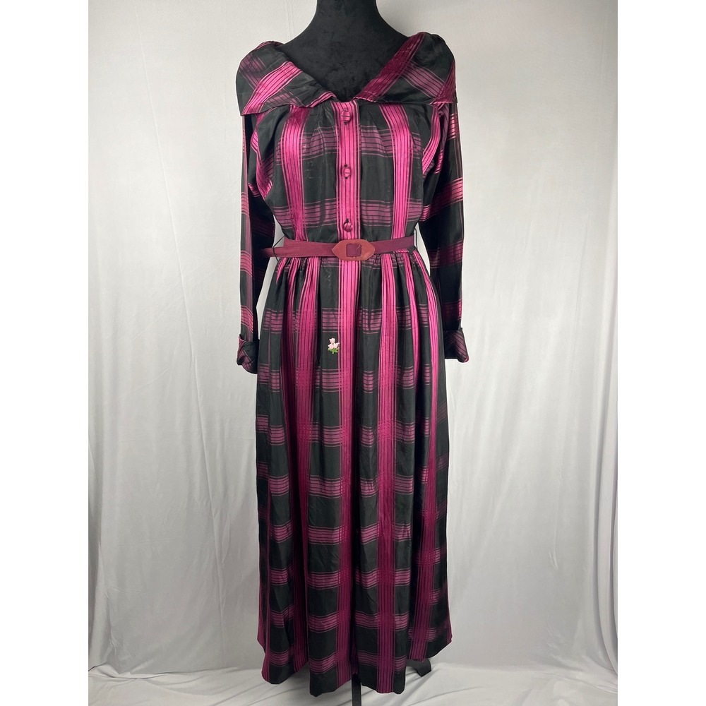 Vtg Raymond Black & Pink Plaid Maxi Dress XS/S Caped Collar Belted Pockets Gown‎